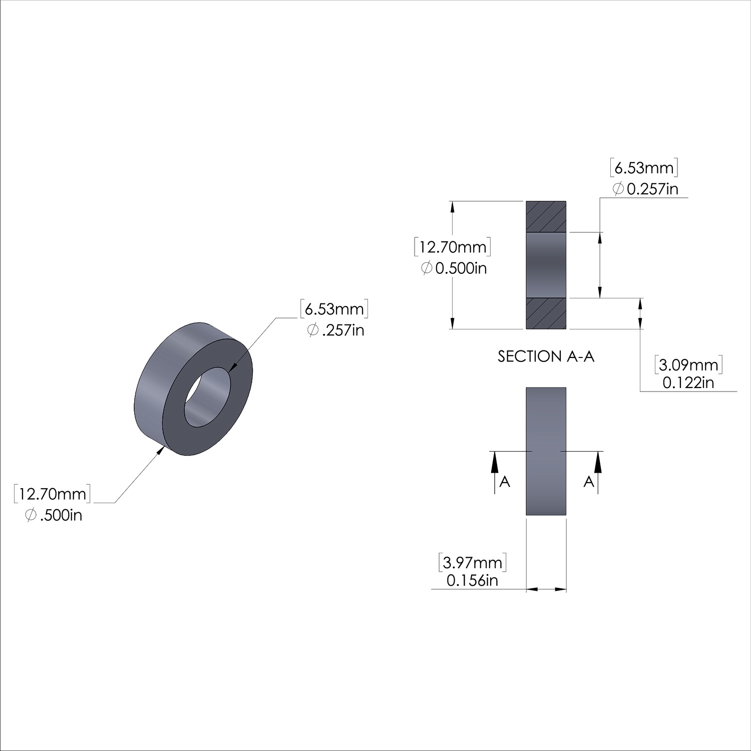 Aluminum Spacer 1/2'' OD x .257'' ID x 5/32'' Long