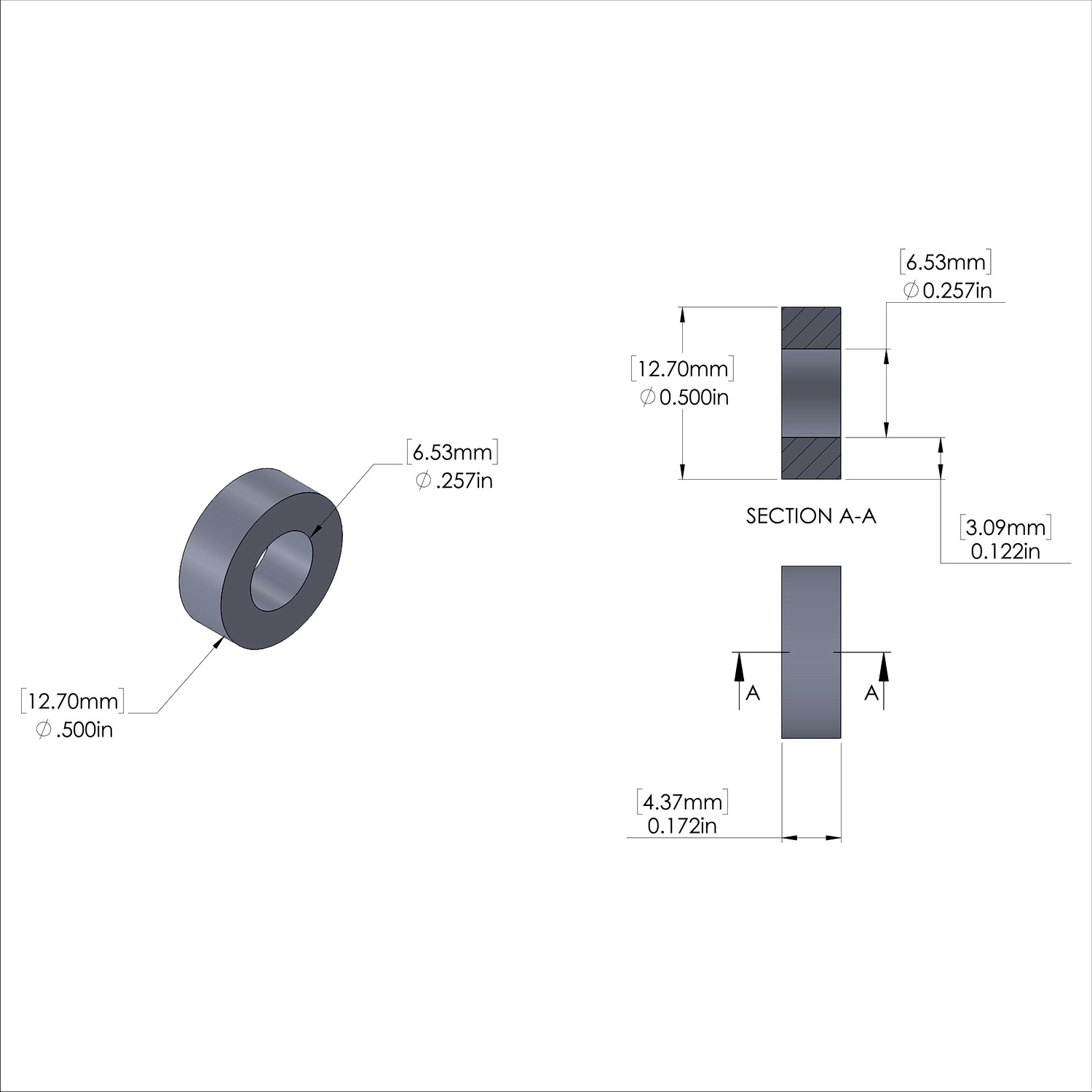 Aluminum Spacer 1/2'' OD x .257'' ID x 11/64'' Long