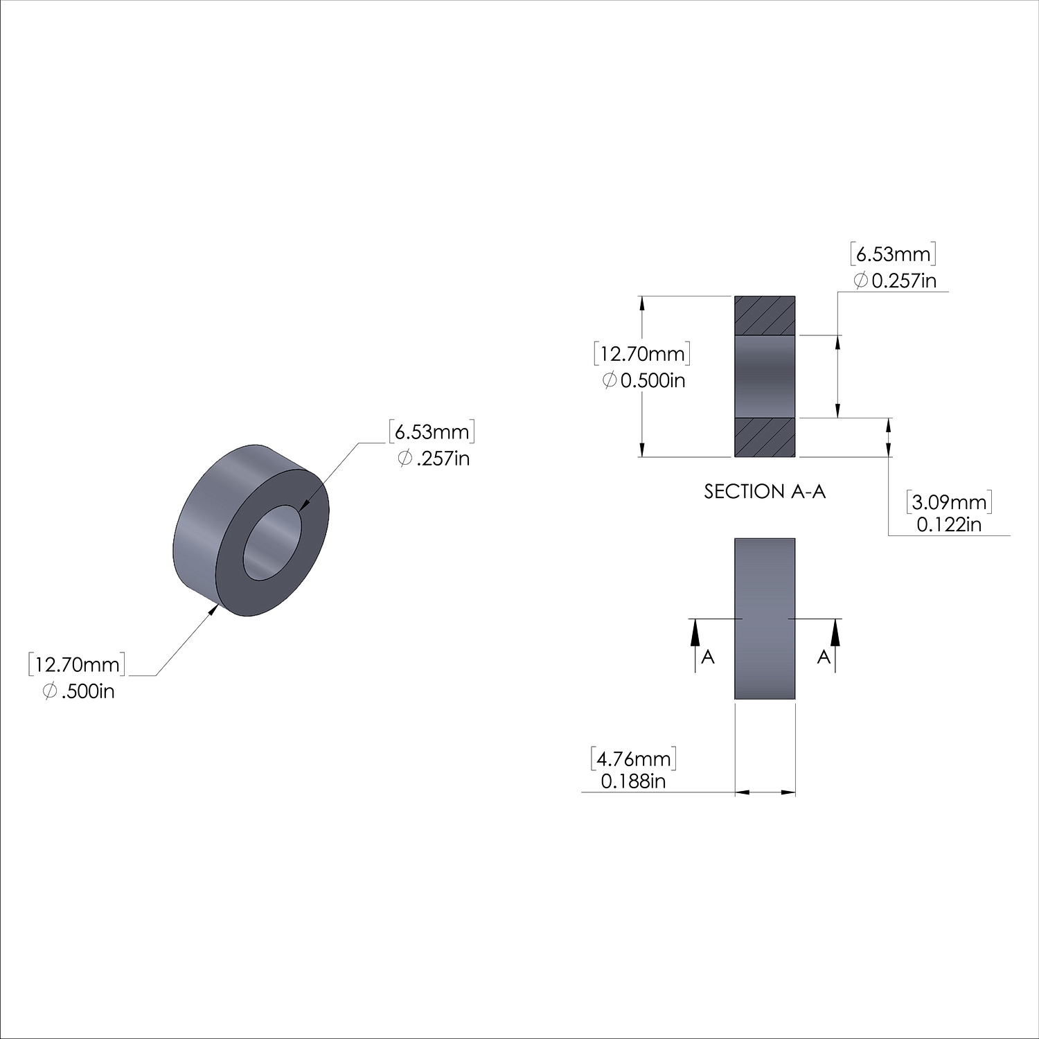 Aluminum Spacer 1/2'' OD x .257'' ID x 3/16'' Long - Black Anodized