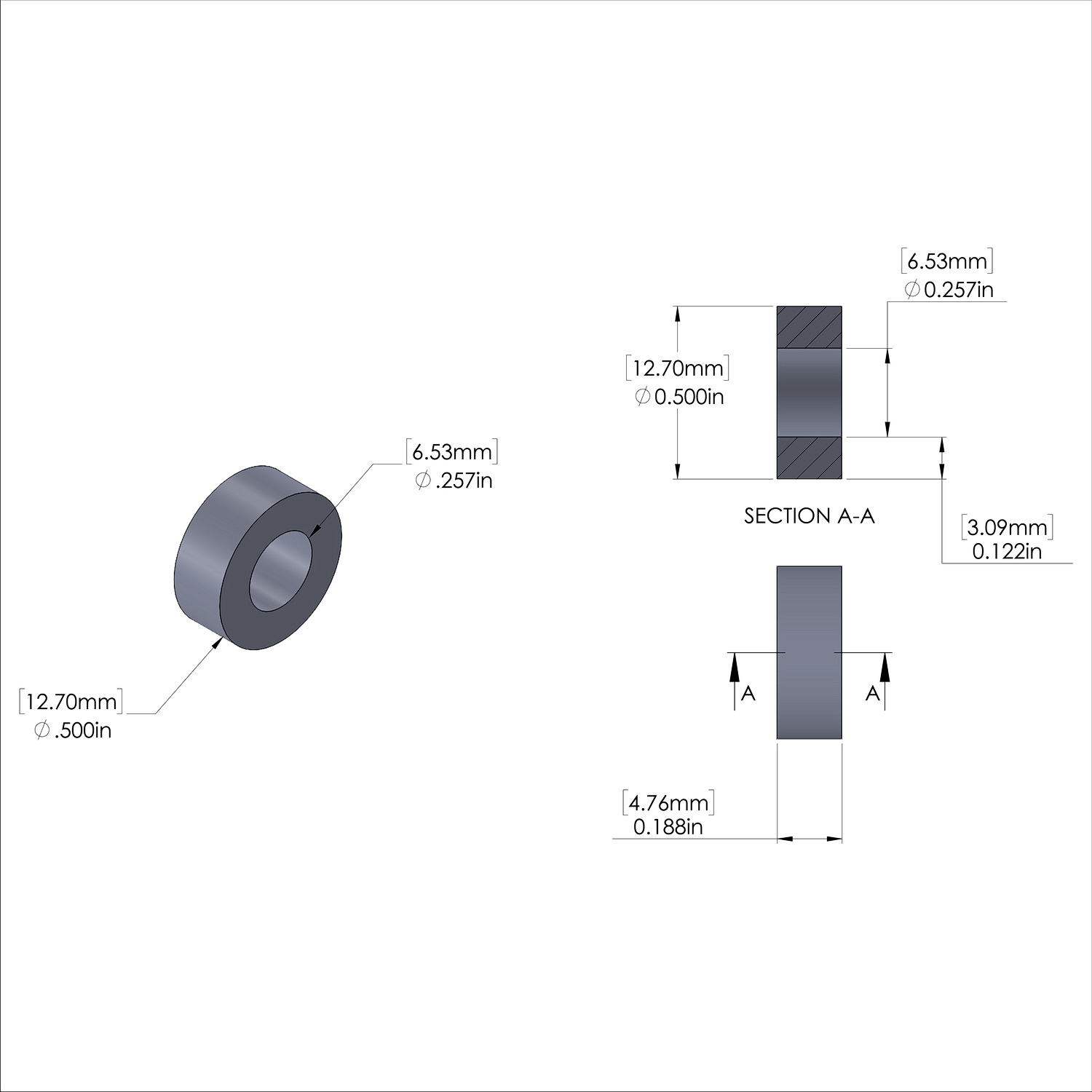 Aluminum Spacer 1/2'' OD x .257'' ID x 3/16'' Long