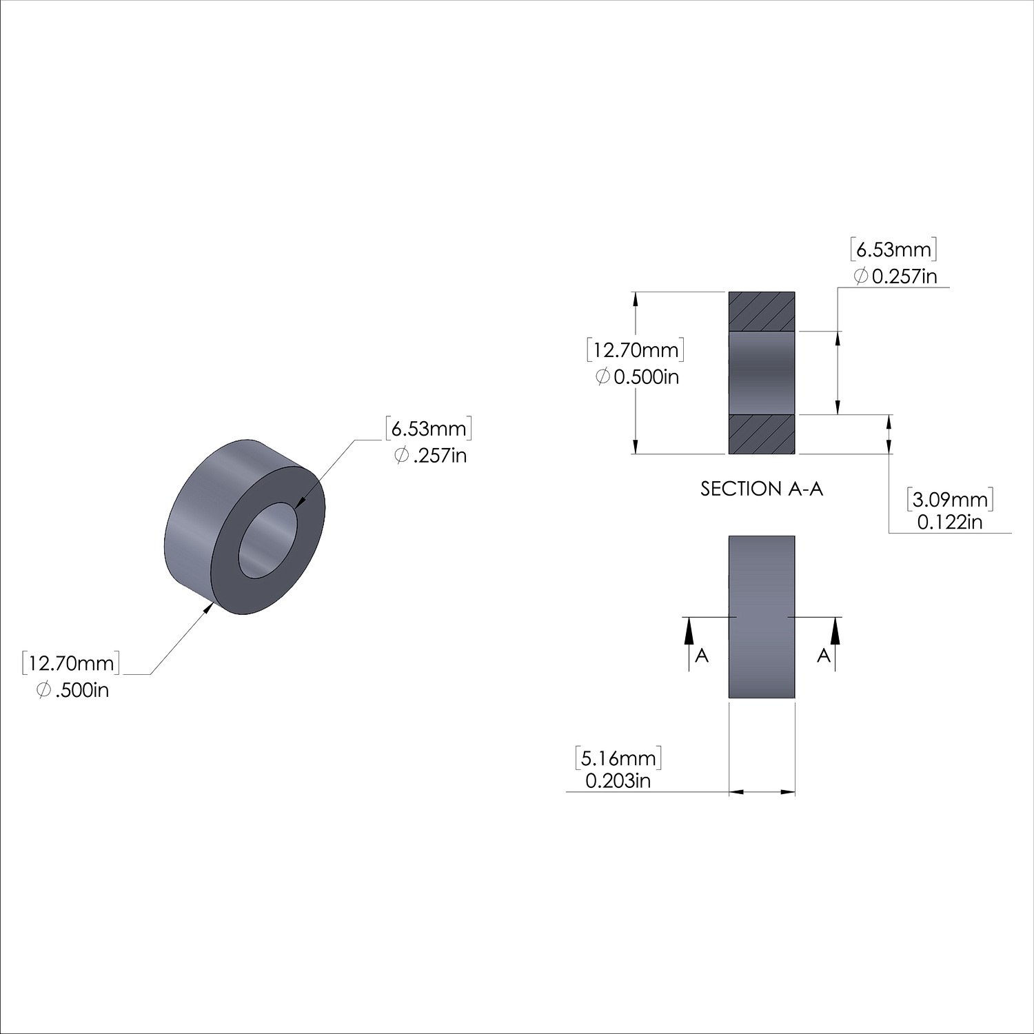 Aluminum Spacer 1/2'' OD x .257'' ID x 13/64'' Long