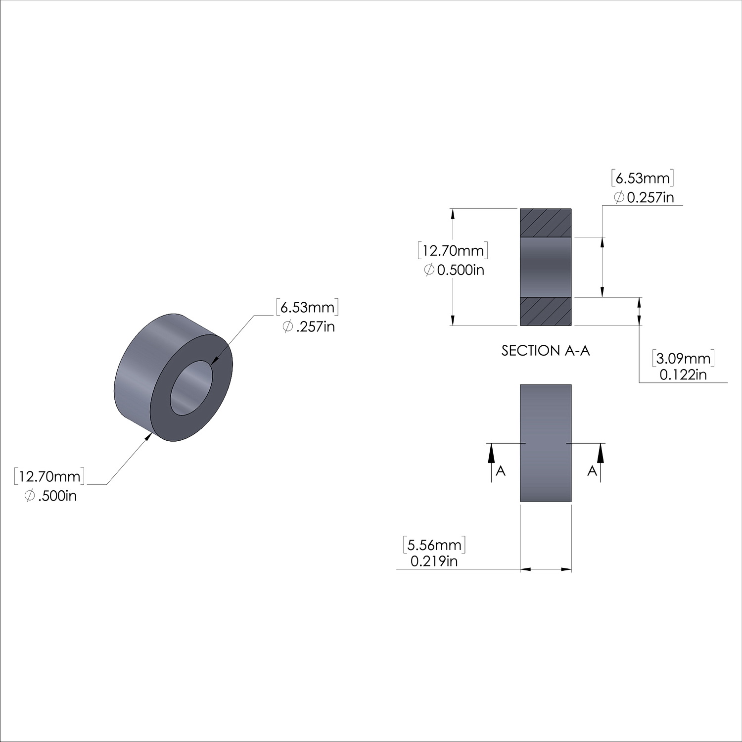 Aluminum Spacer 1/2'' OD x .257'' ID x 7/32'' Long