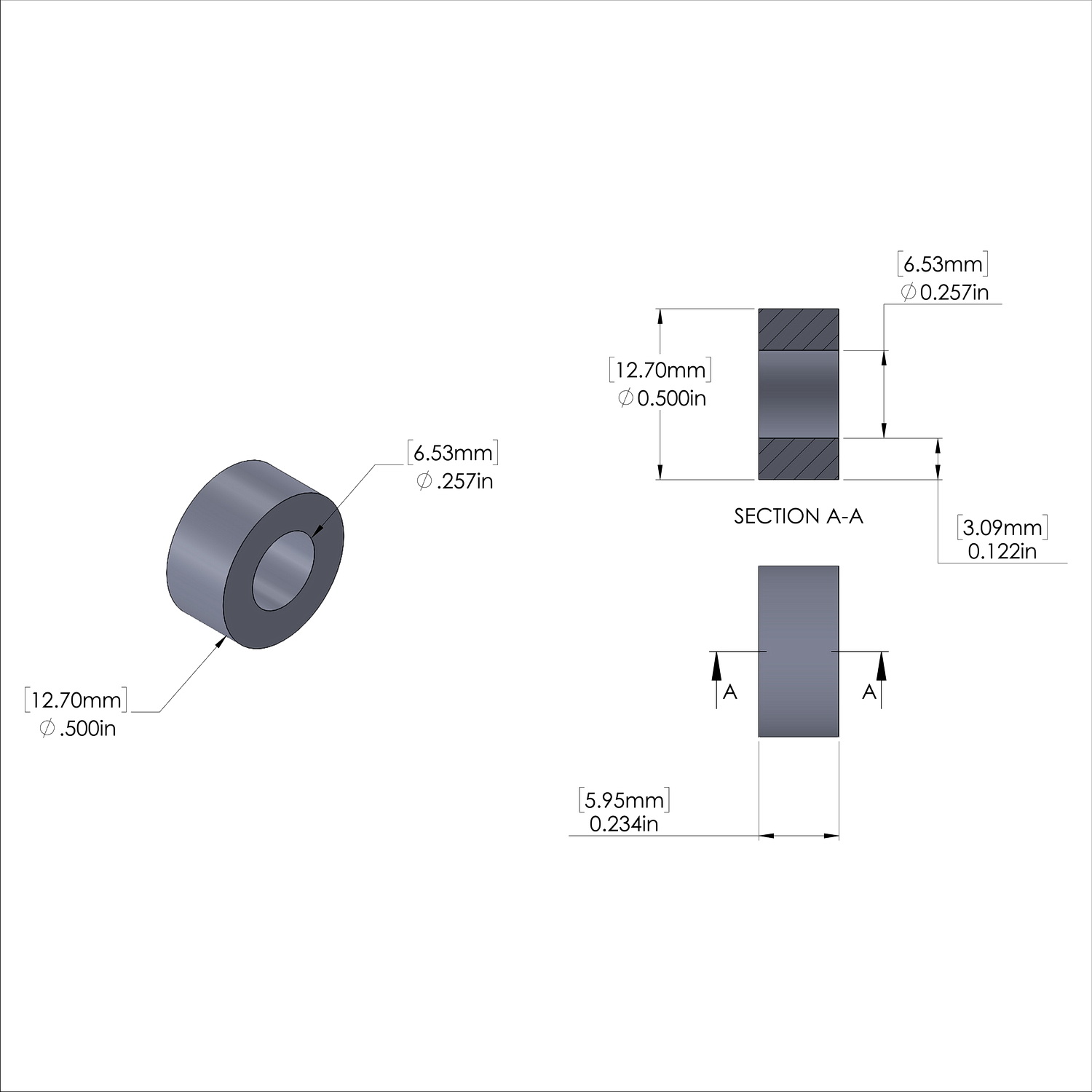 Aluminum Spacer 1/2'' OD x .257'' ID x 15/64'' Long