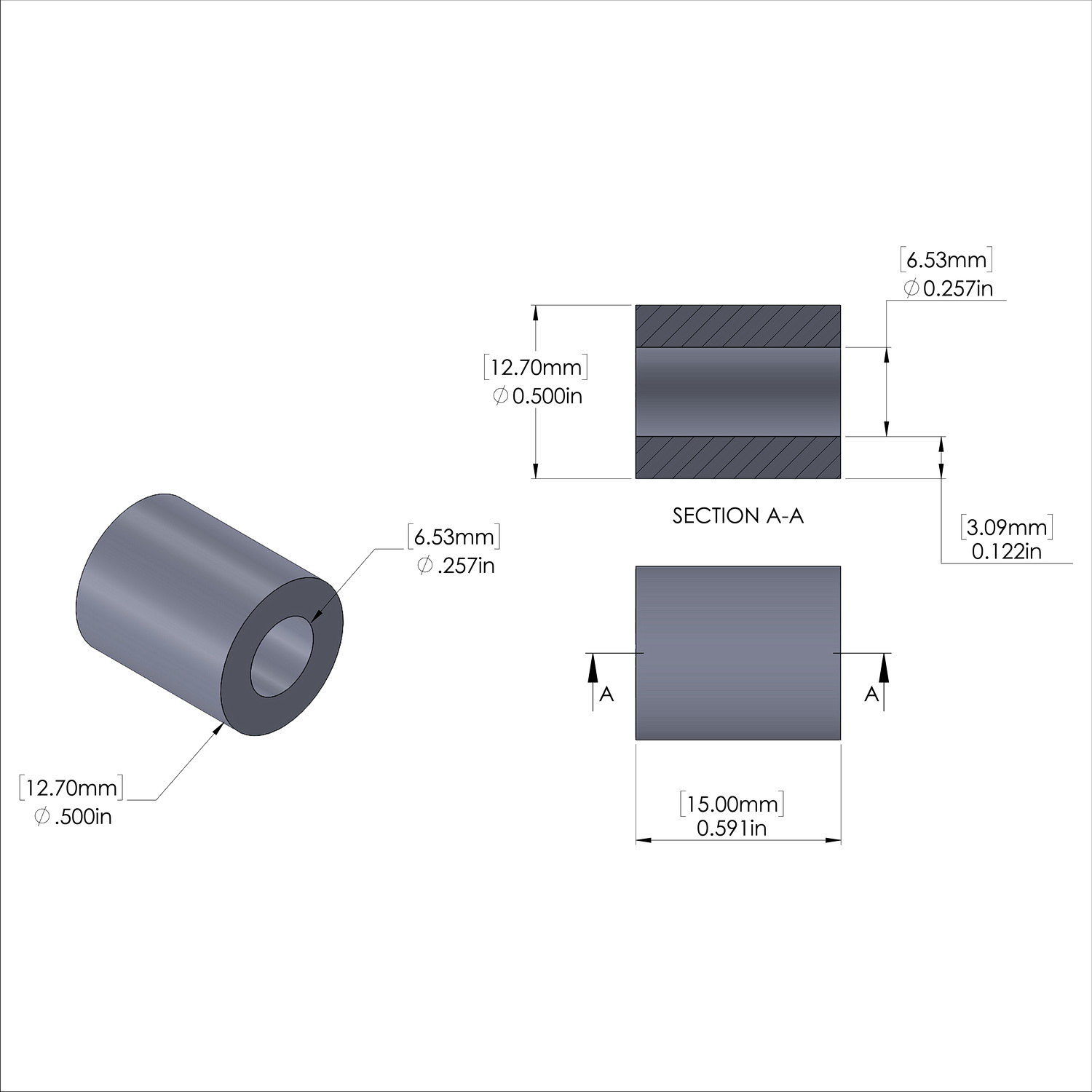Aluminum Spacer 1/2'' OD x .257'' ID x 15M'' Long - Clear Anodized