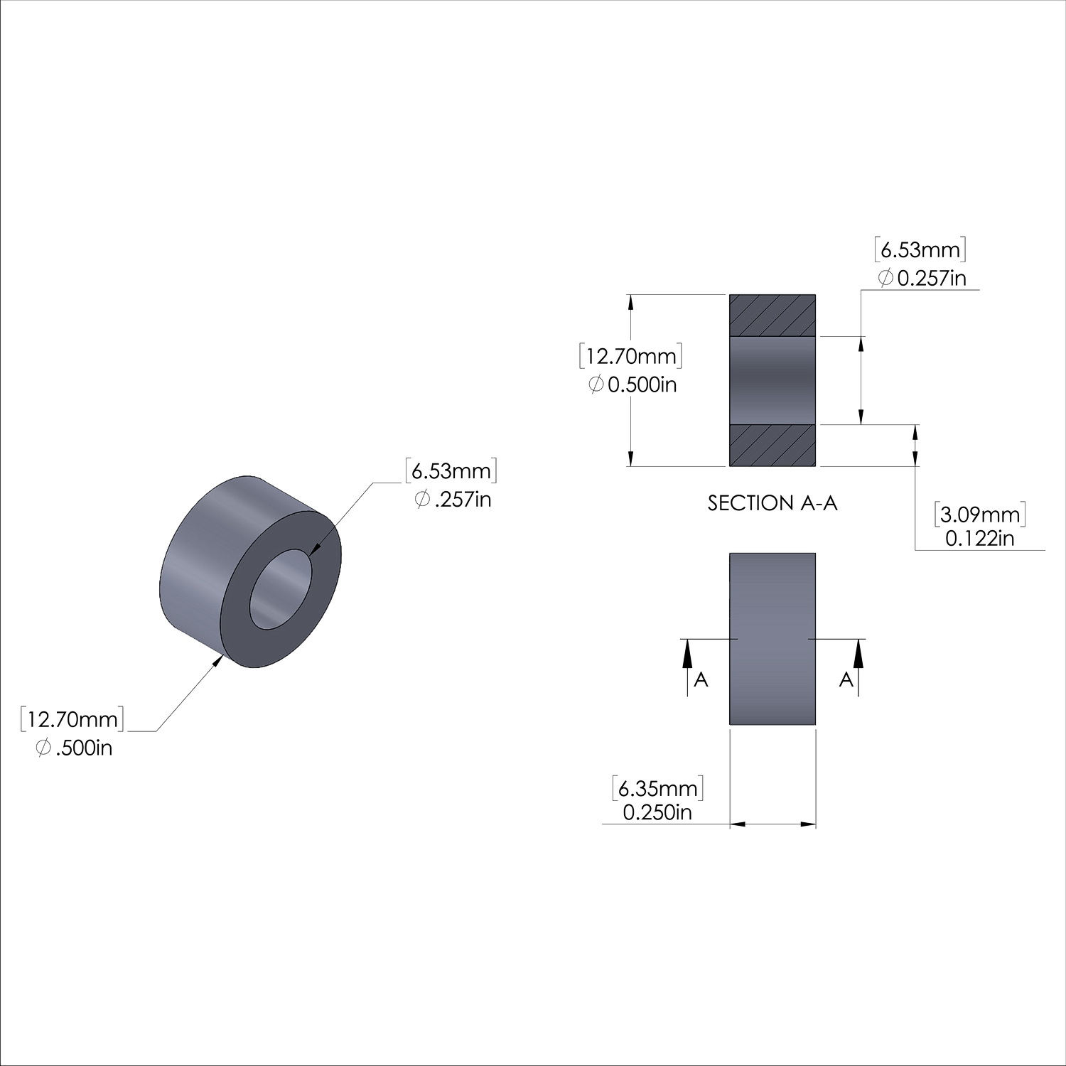 Aluminum Spacer 1/2'' OD x .257'' ID x 1/4'' Long - Black Anodized