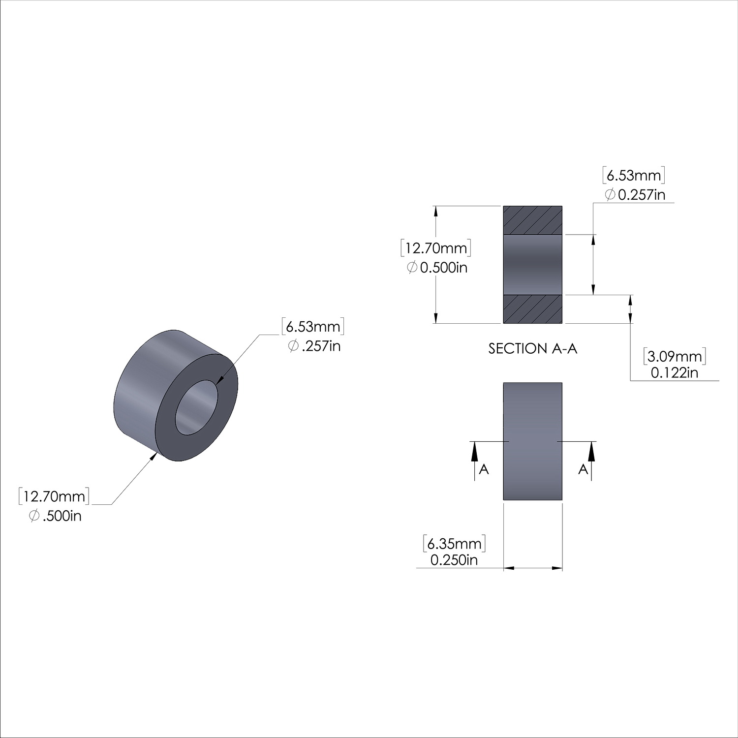 Aluminum Spacer 1/2'' OD x .257'' ID x 1/4'' Long, Plain Aluminum Finish