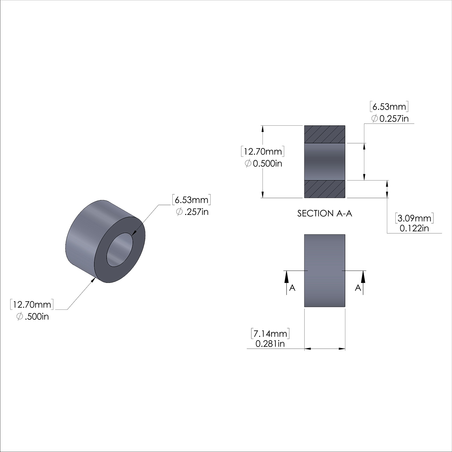 Aluminum Spacer 1/2'' OD x .257'' ID x 9/32'' Long, Plain Aluminum Finish