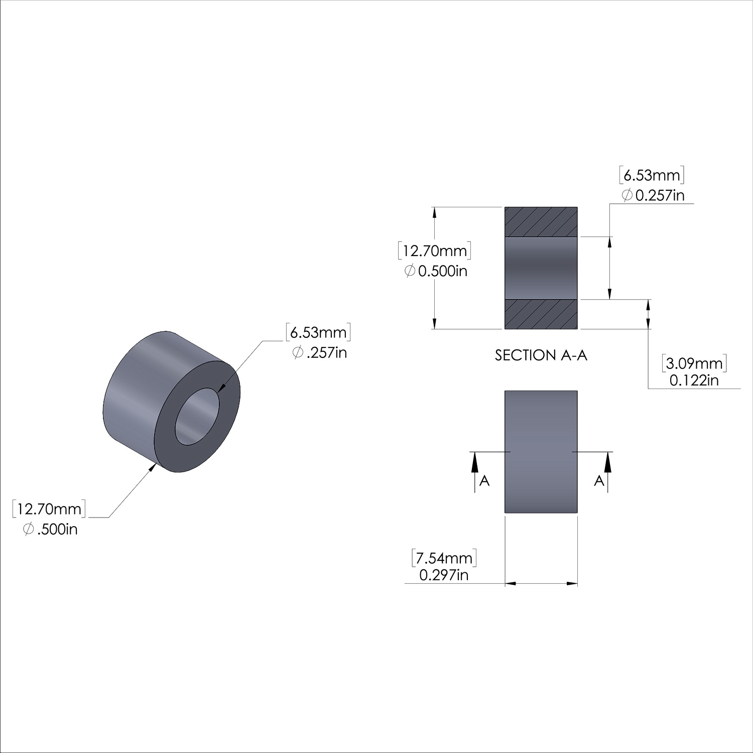 Aluminum Spacer 1/2'' OD x .257'' ID x 19/64'' Long, Plain Aluminum Finish