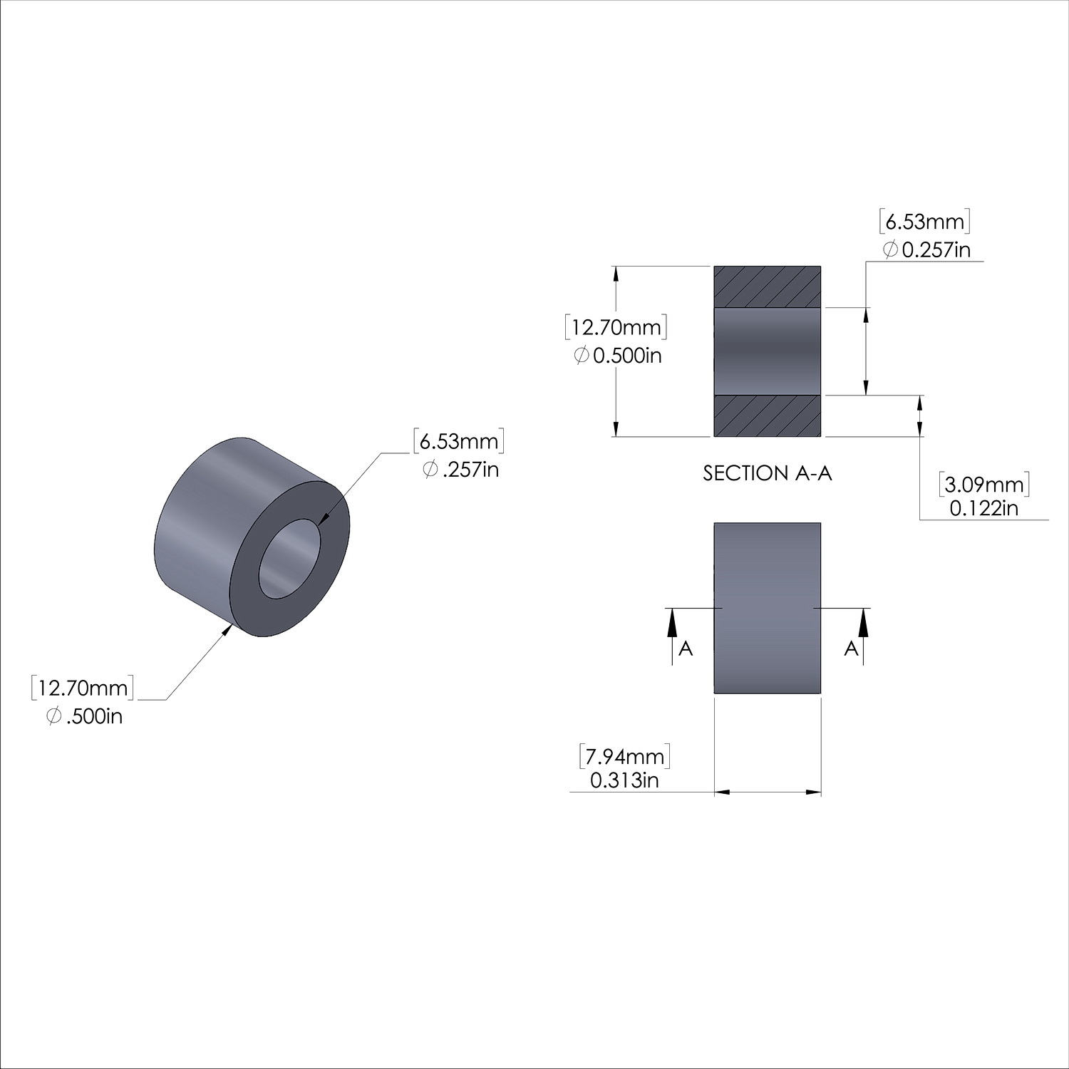 Aluminum Spacer 1/2'' OD x .257'' ID x 5/16'' Long - Black Anodized