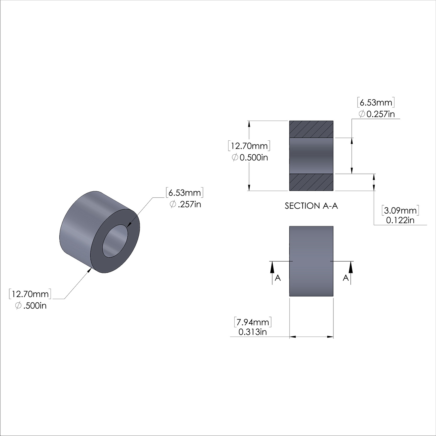 Aluminum Spacer 1/2'' OD x .257'' ID x 5/16'' Long, Plain Aluminum Finish