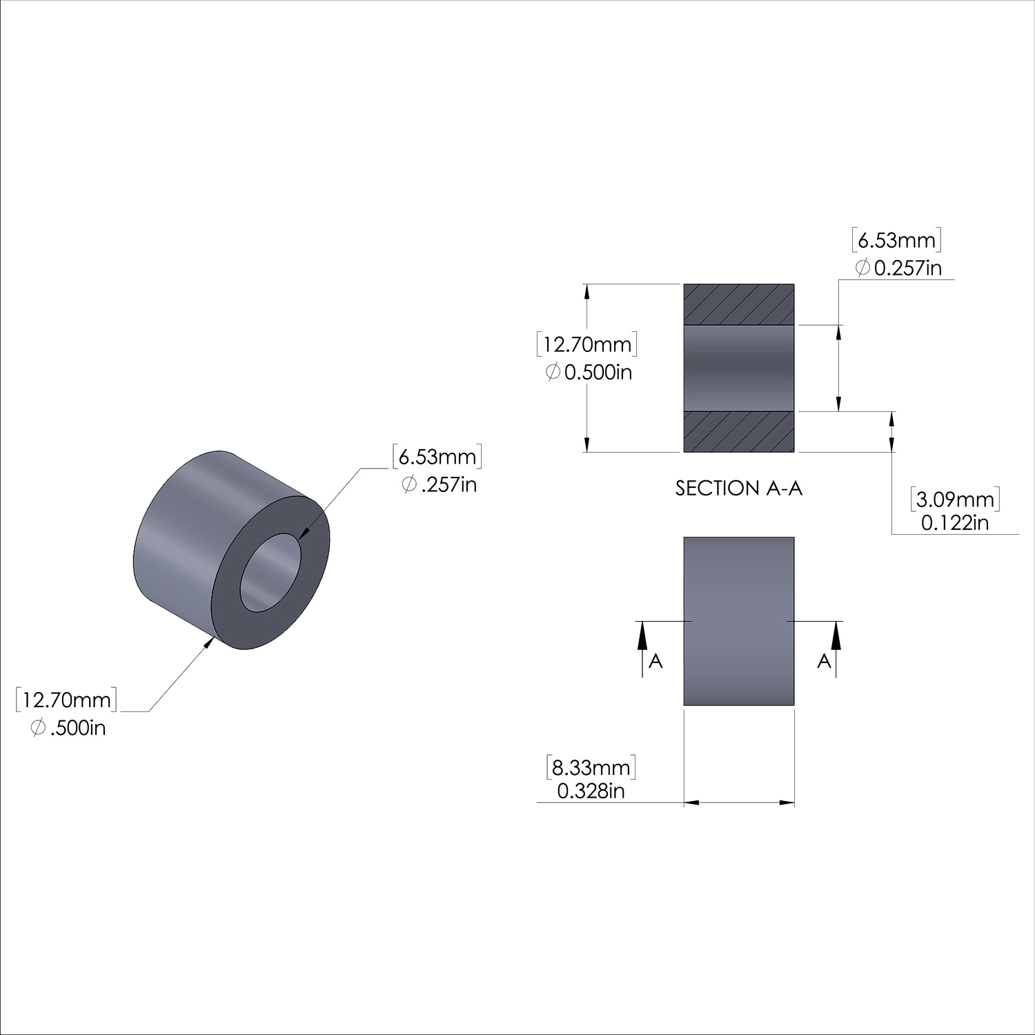 Aluminum Spacer 1/2'' OD x .257'' ID x 21/64'' Long
