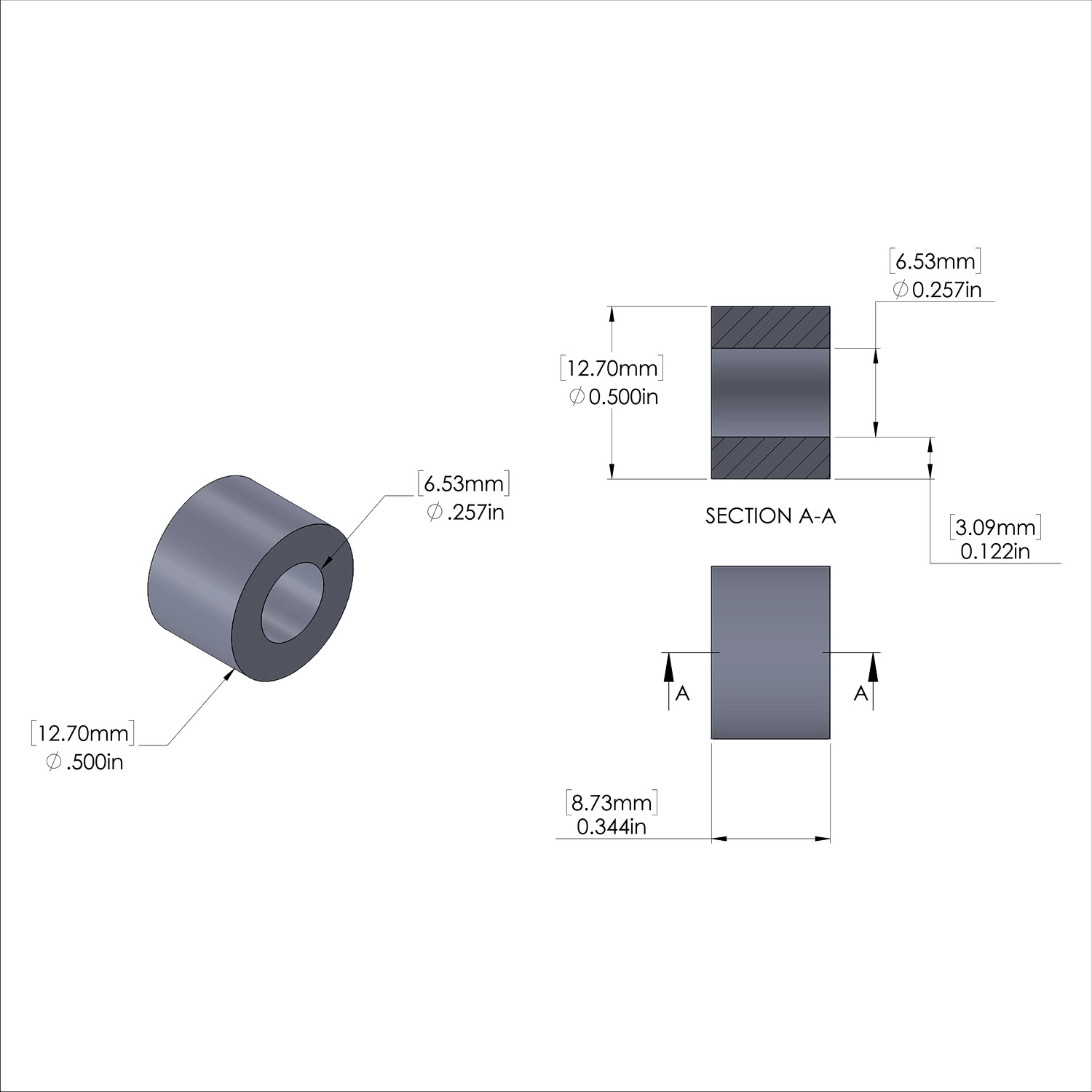 Aluminum Spacer 1/2'' OD x .257'' ID x 11/32'' Long