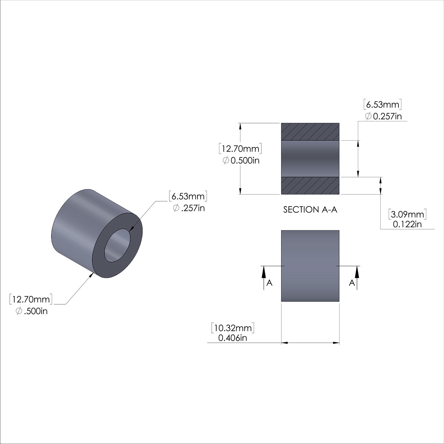 Aluminum Spacer 1/2'' OD x .257'' ID x 13/32'' Long