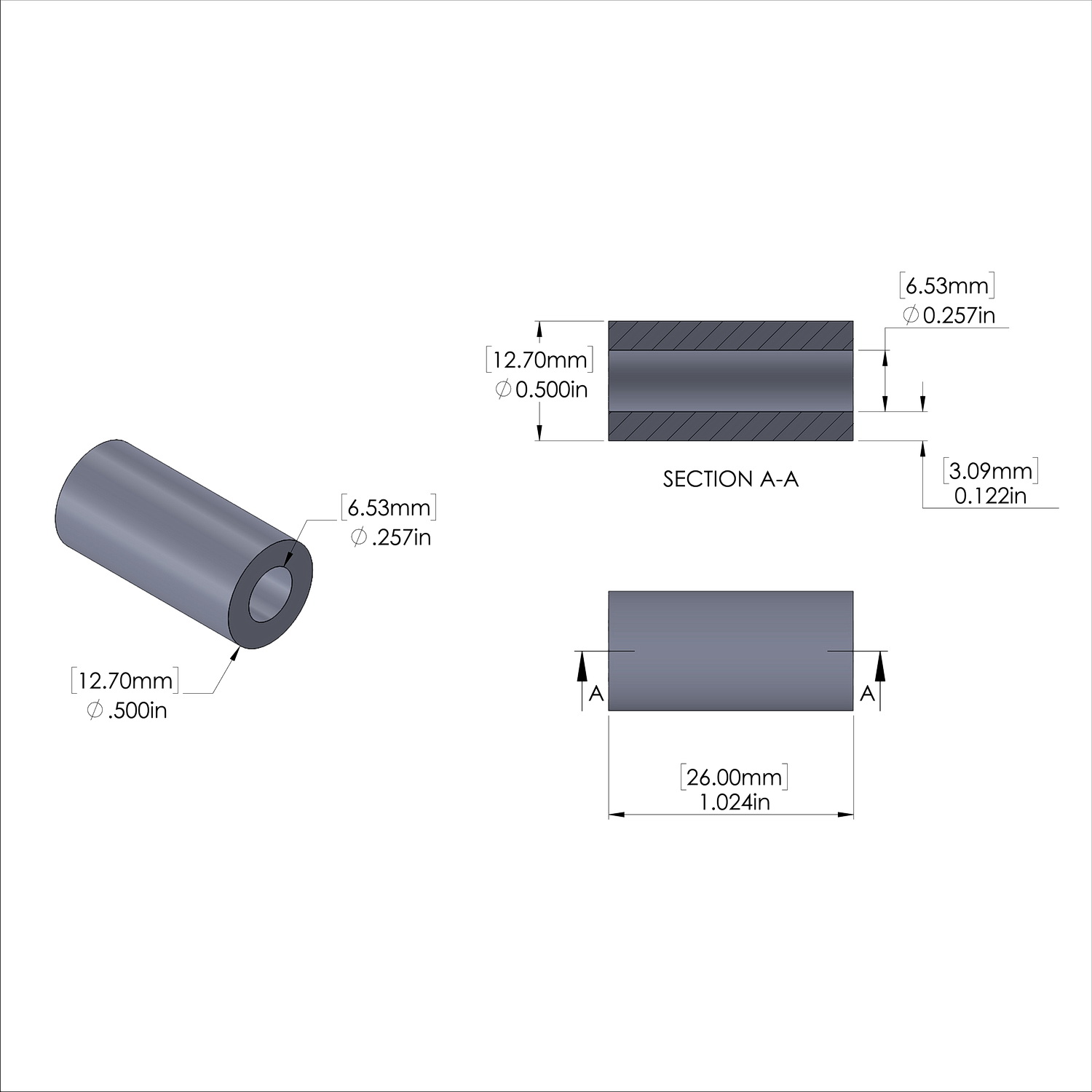 Aluminum Spacer 1/2'' OD x .257'' ID x 26mm Long