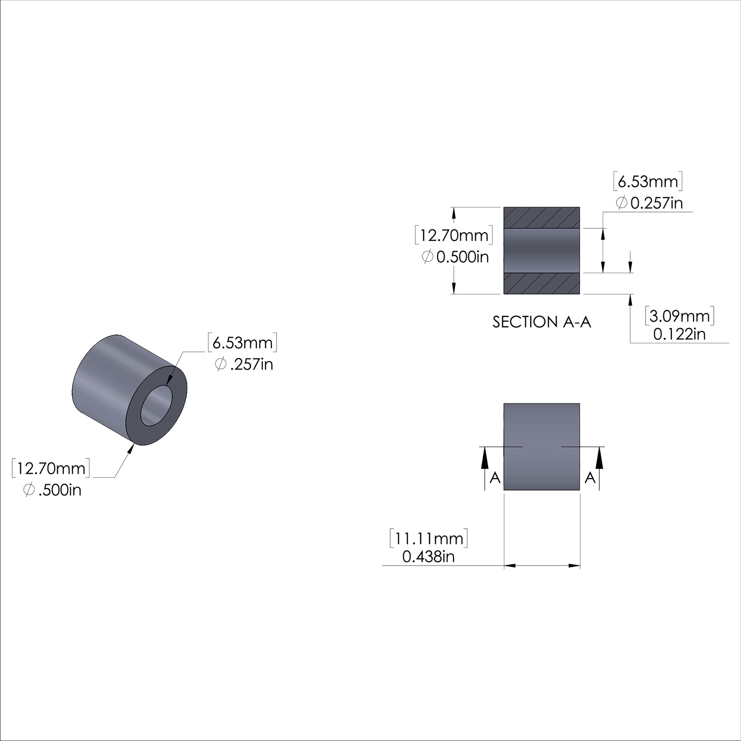 Aluminum Spacer 1/2'' OD x .257'' ID x 7/16'' Long - Black Anodized