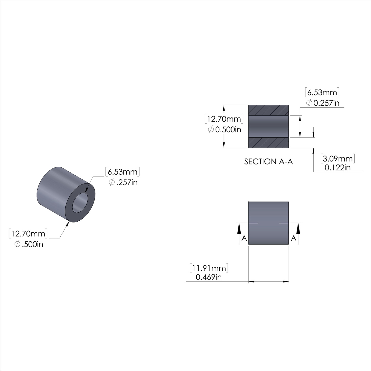 Aluminum Spacer 1/2'' OD x .257'' ID x 15/32'' Long