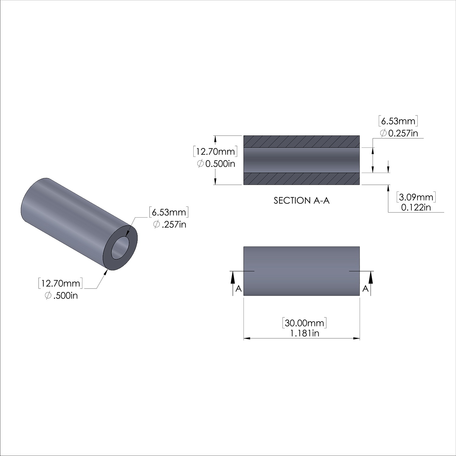Aluminum Spacer 1/2'' OD x .257'' ID x 30mm Long, Plain Aluminum Finish
