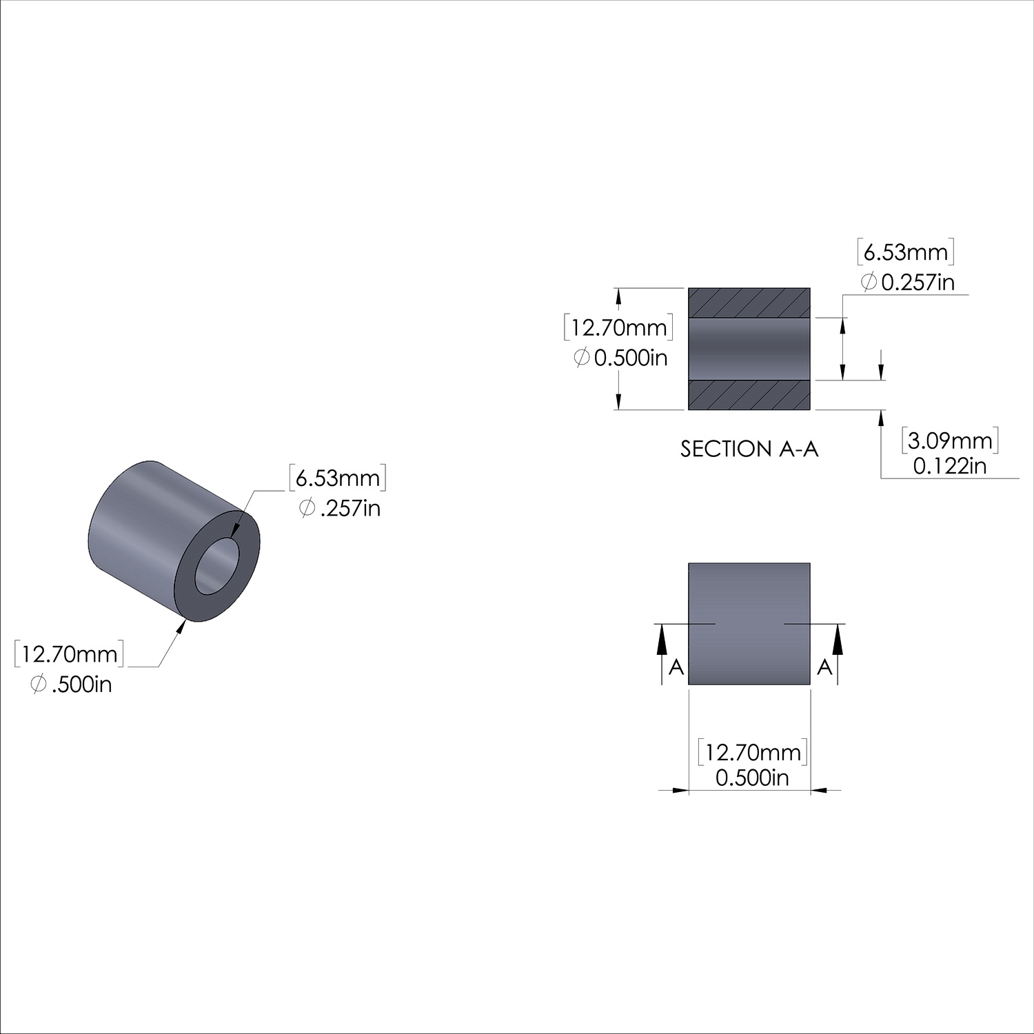 Aluminum Spacer 1/2'' OD x .257'' ID x 1/2'' Long - Black Anodized