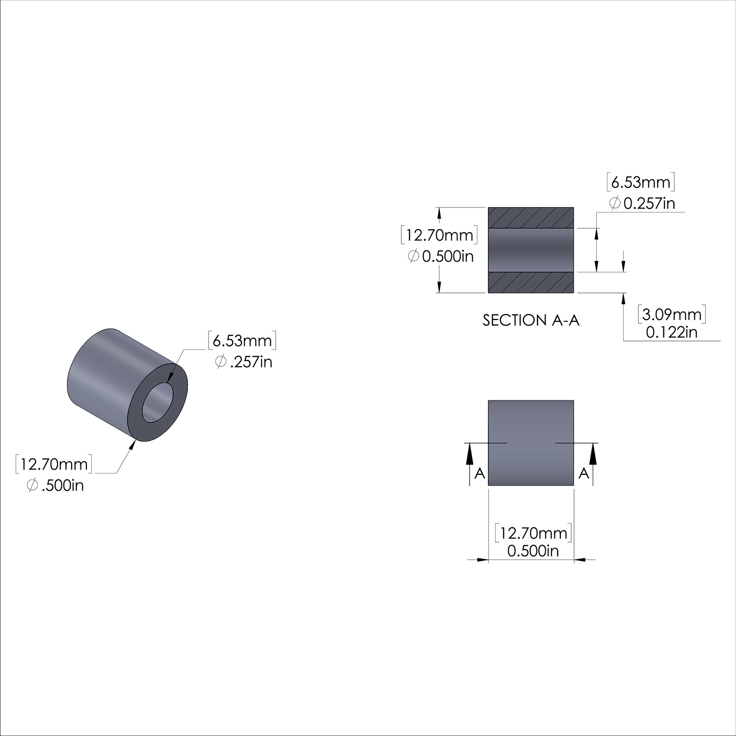 Aluminum Spacer 1/2'' OD x .257'' ID x 1/2'' Long - Clear Anodized