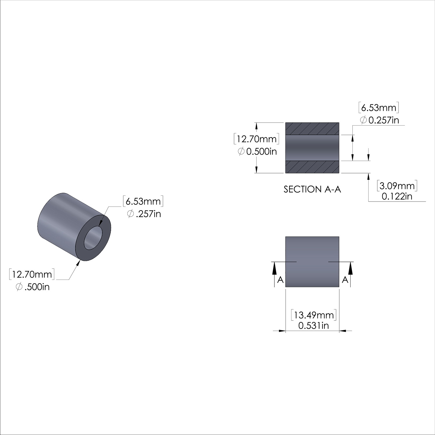 Aluminum Spacer 1/2'' OD x .257'' ID x 17/32'' Long