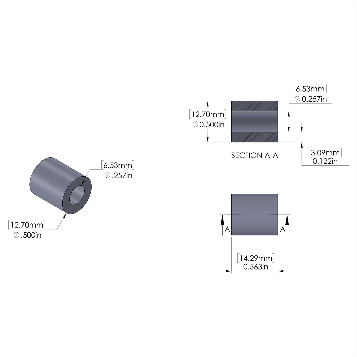 Aluminum Spacer 1/2'' OD x .257'' ID x 9/16'' Long - Black Anodized