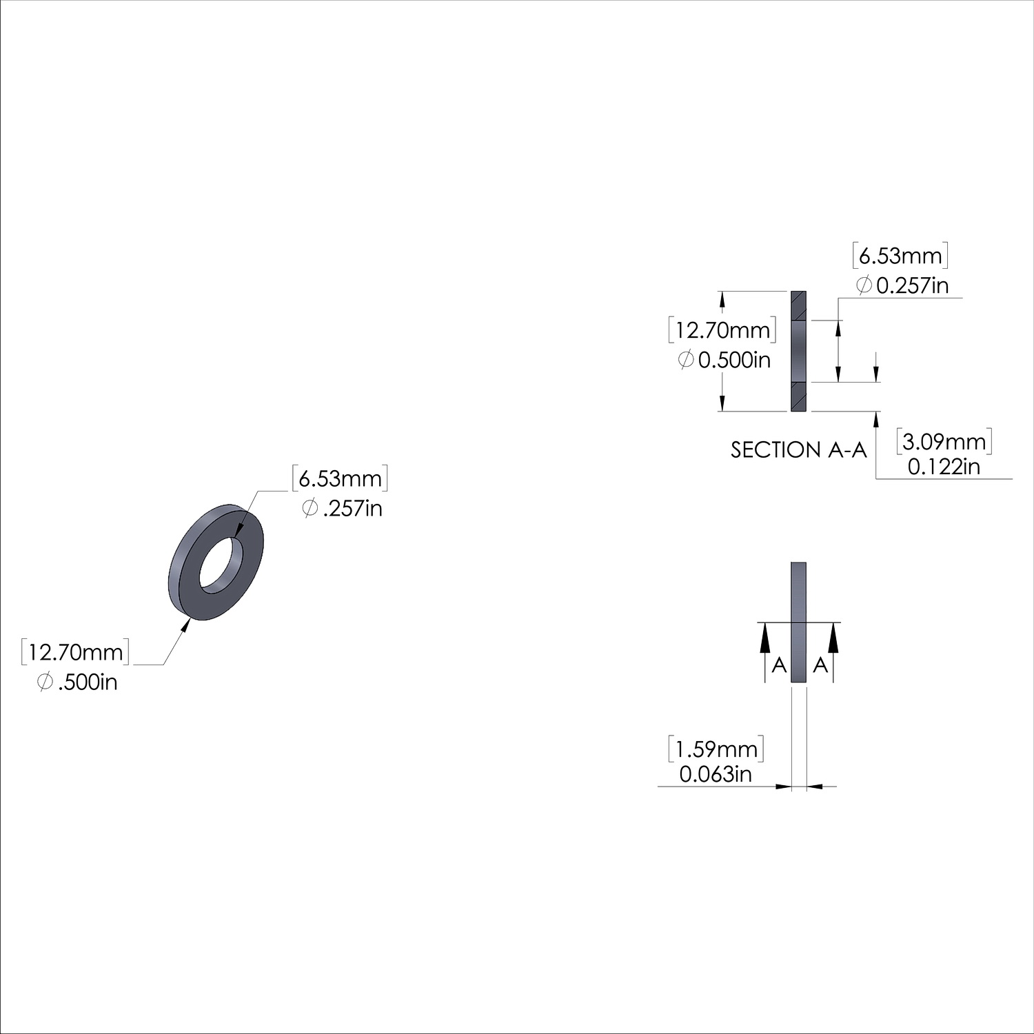 Aluminum Spacer 1/2'' OD x .257'' ID x 1/16'' Long, Plain Aluminum Finish