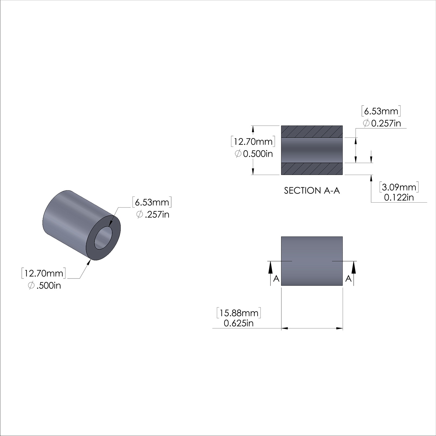 Aluminum Spacer 1/2'' OD x .257'' ID x 5/8'' Long - Black Anodized