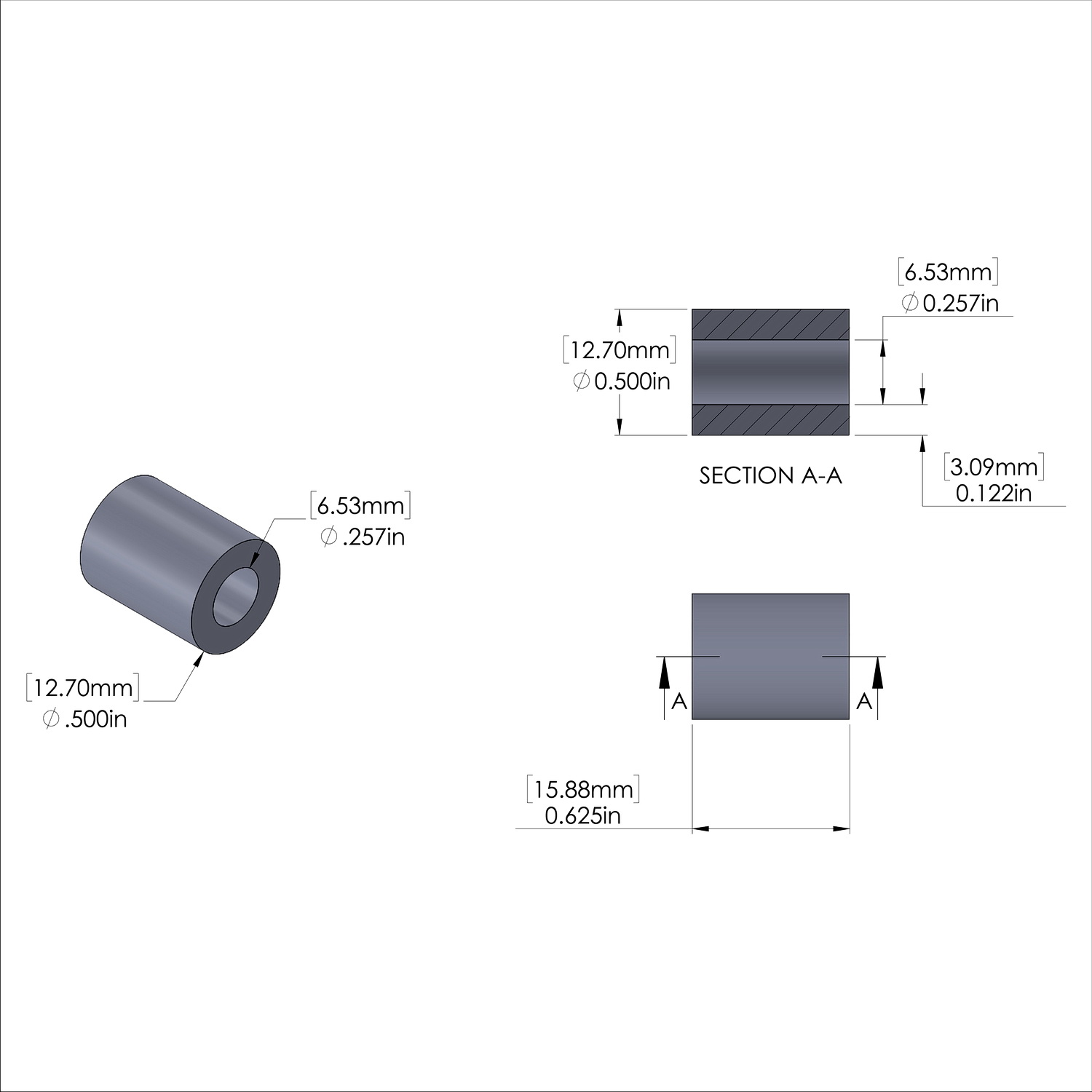 Aluminum Spacer 1/2'' OD x .257'' ID x 5/8'' Long