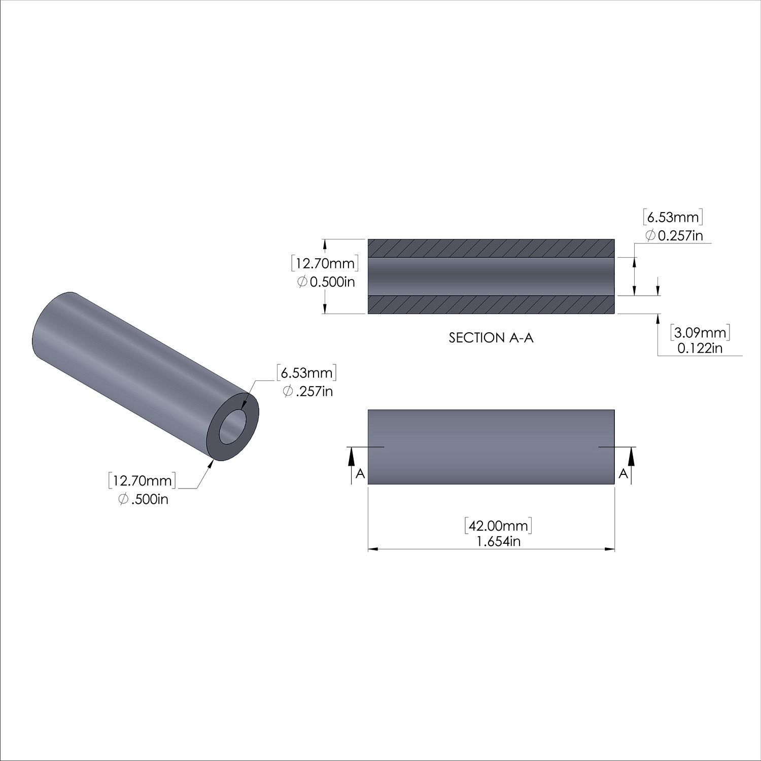 Aluminum Spacer 1/2'' OD x .257'' ID x 42mm Long, Plain Aluminum Finish