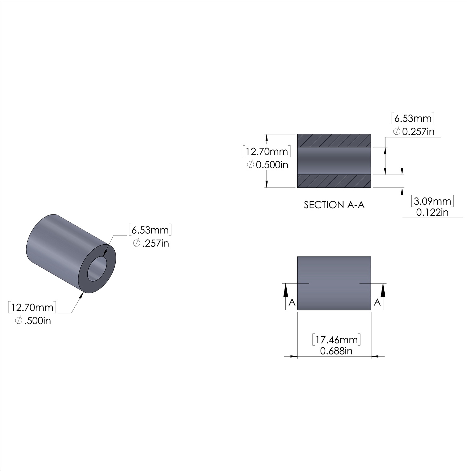 Aluminum Spacer 1/2'' OD x .257'' ID x 11/16'' Long