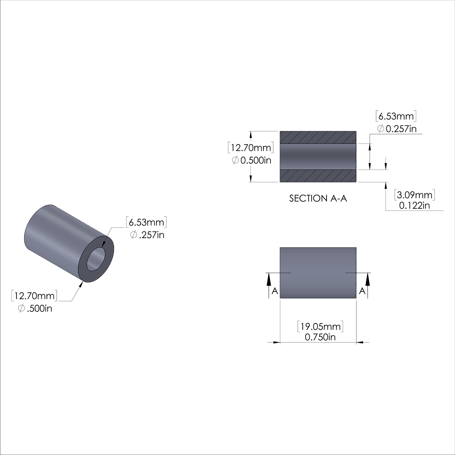 Aluminum Spacer 1/2'' OD x .257'' ID x 3/4'' Long - Black Anodized