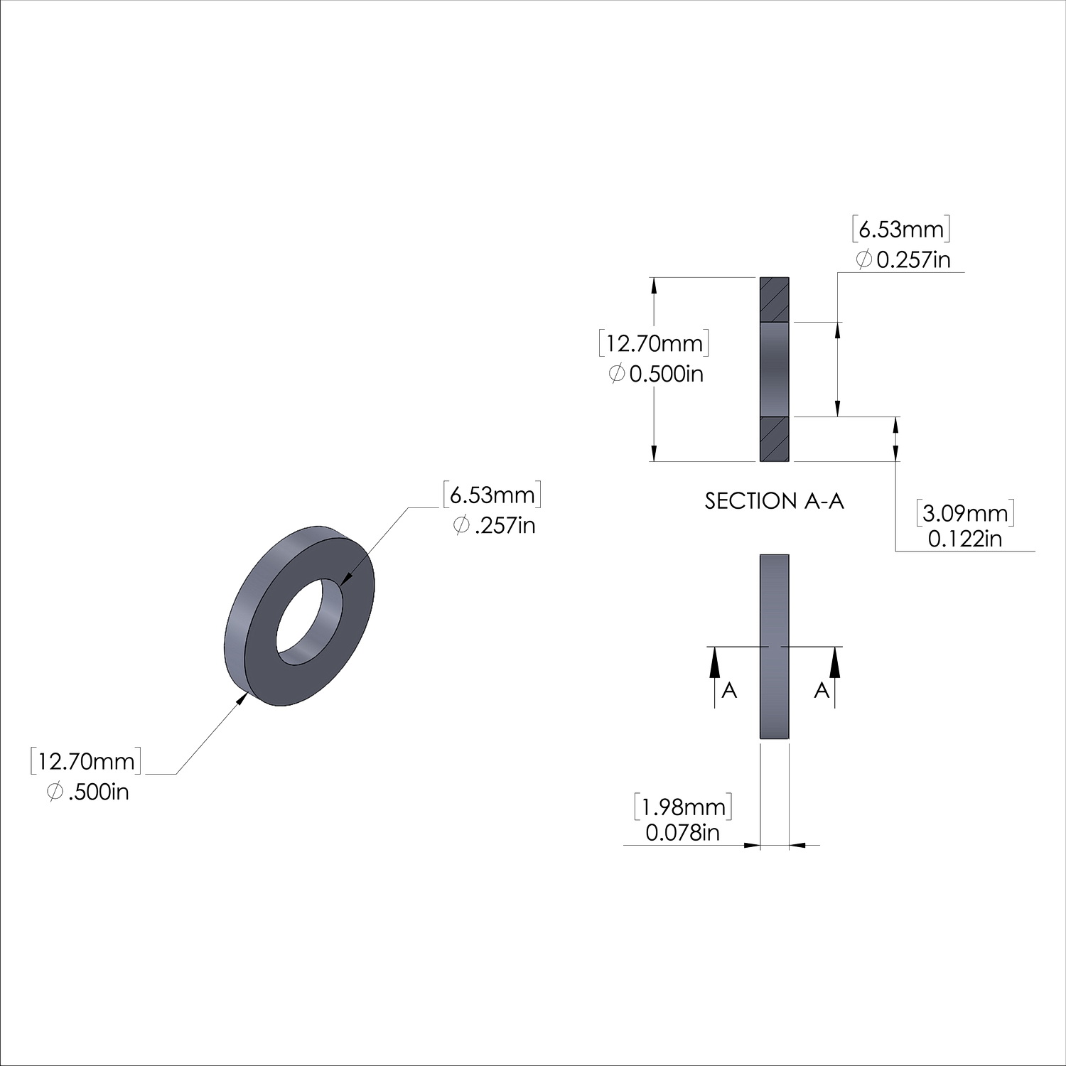 Aluminum Spacer 1/2'' OD x .257'' ID x 5/64'' Long-Black Anodized