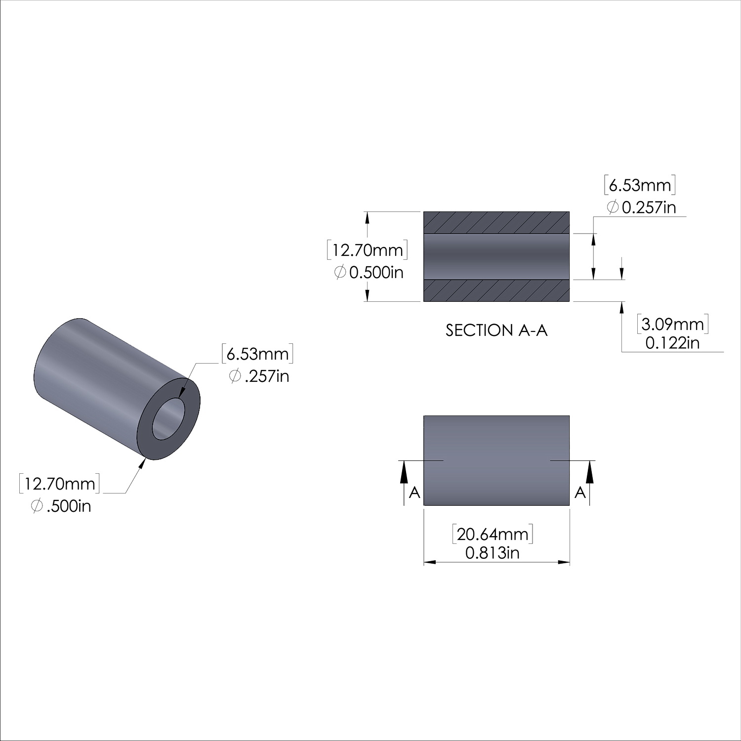 Aluminum Spacer 1/2'' OD x .257'' ID x 13/16'' Long - Black Anodized