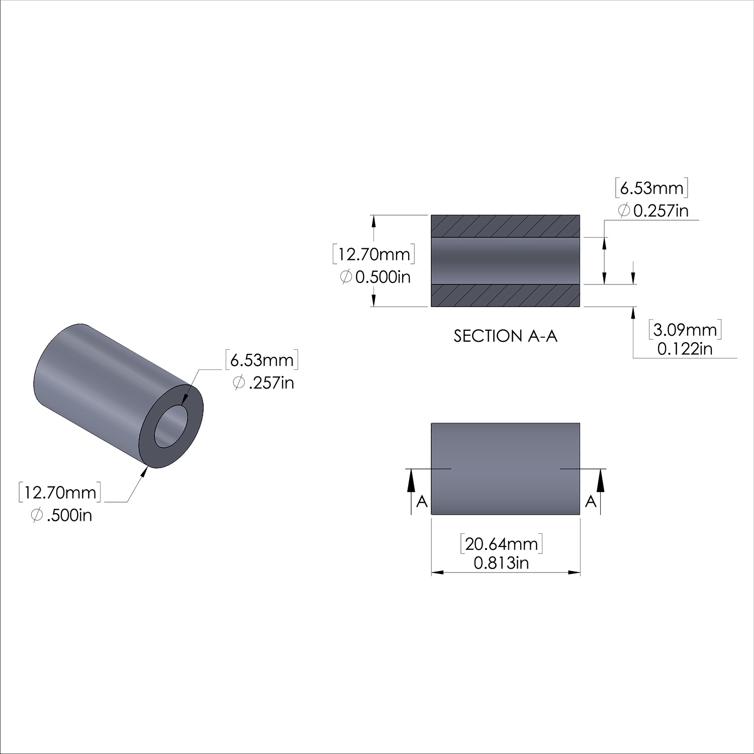Aluminum Spacer 1/2'' OD x .257'' ID x 13/16'' Long