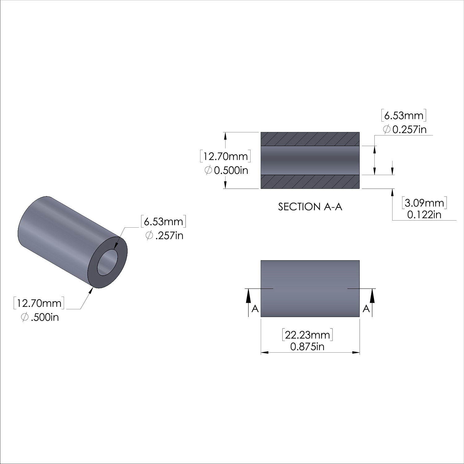 Aluminum Spacer 1/2'' OD x .257'' ID x 7/8'' Long, Plain Aluminum Finish