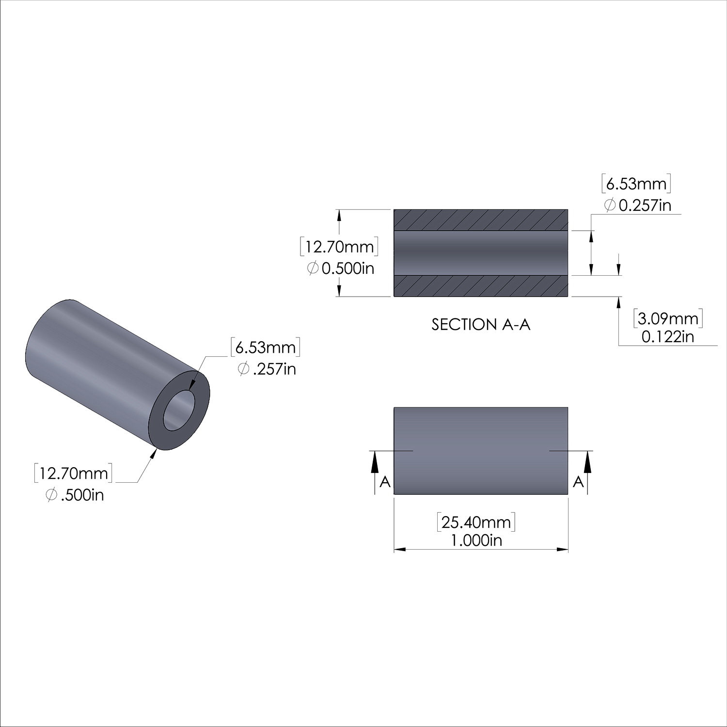 Aluminum Spacer 1/2'' OD x .257'' ID x 1.000'' Long - Black Anodized