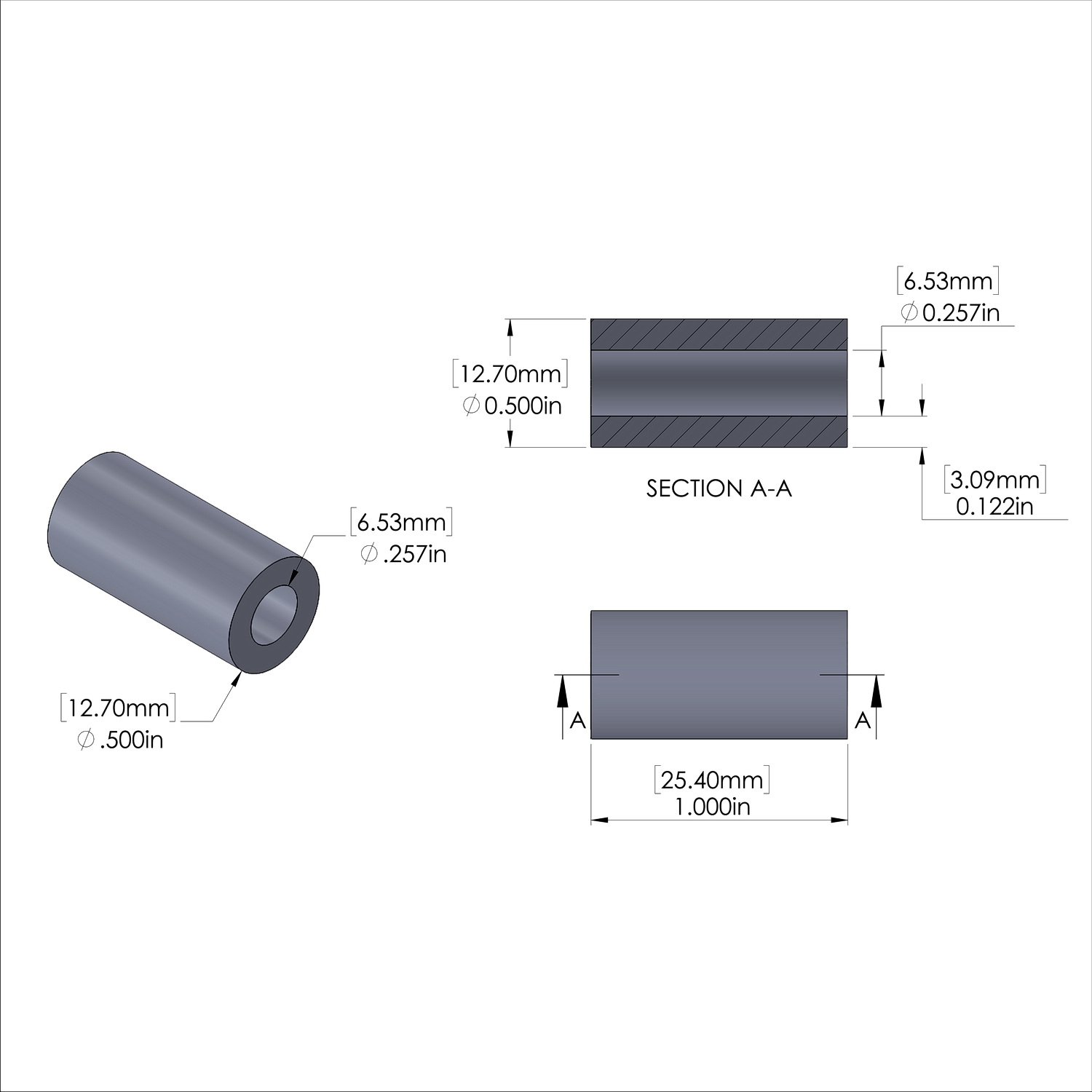 Aluminum Spacer 1/2'' OD x .257'' ID x 1.000'' Long