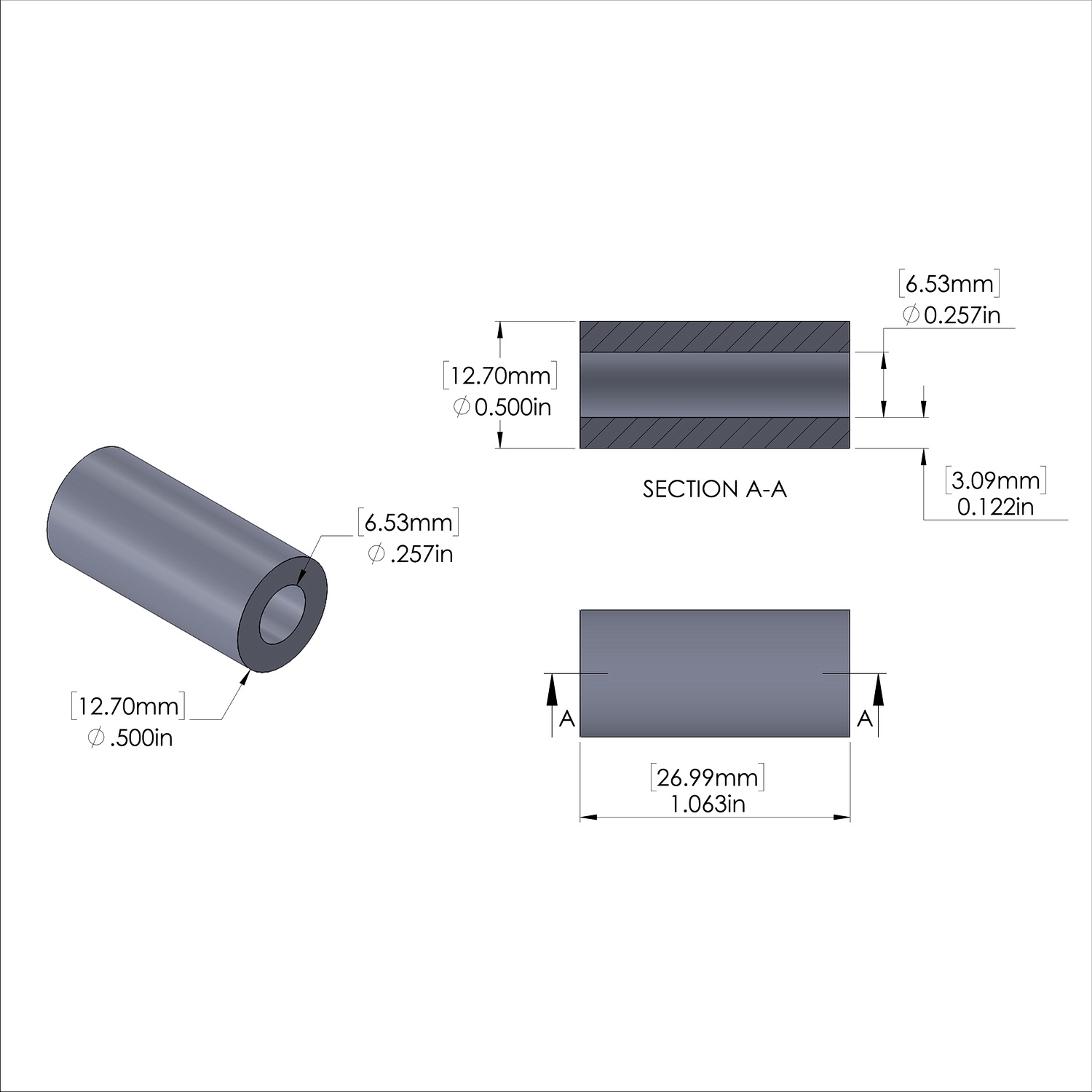 Aluminum Spacer 1/2'' OD x .257'' ID x 1-1/16'' Long - Black Anodized