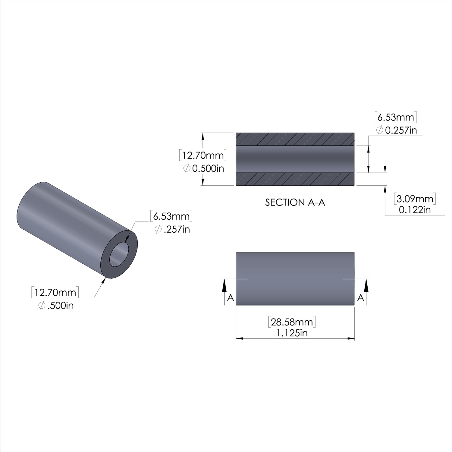 Aluminum Spacer 1/2'' OD x .257'' ID x 1-1/8'' Long