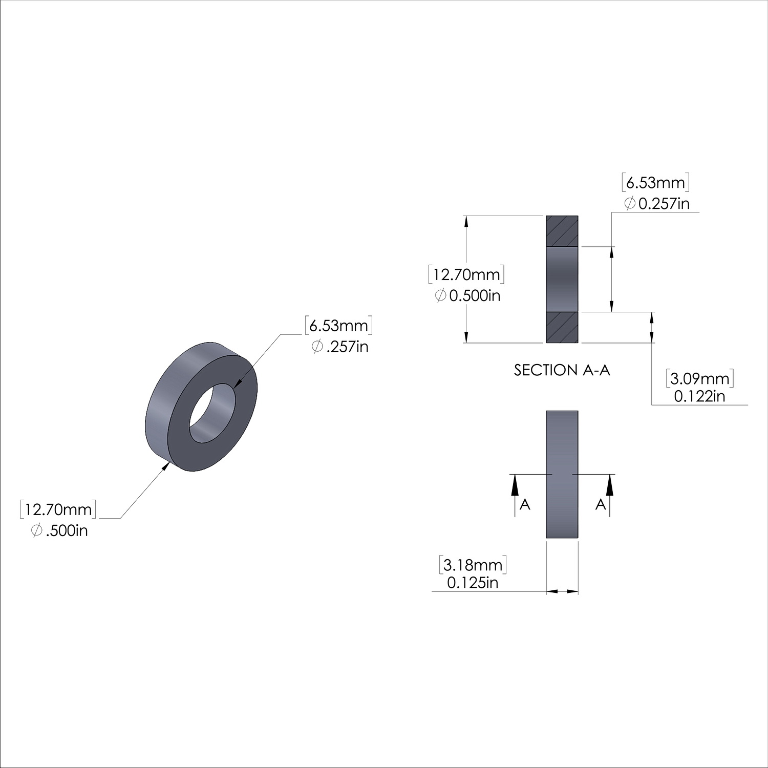 Aluminum Spacer 1/2'' OD x .257'' ID x 1/8'' Long, Black Anodized Finish