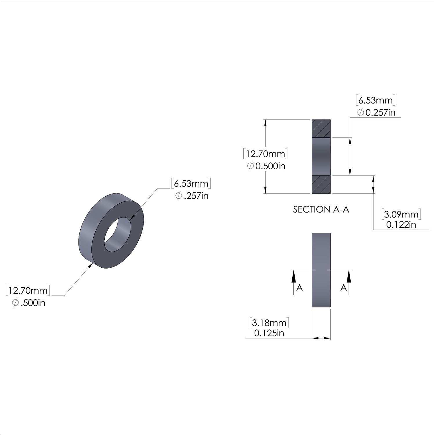 Aluminum Spacer 1/2'' OD x .257'' ID x 1/8'' Long