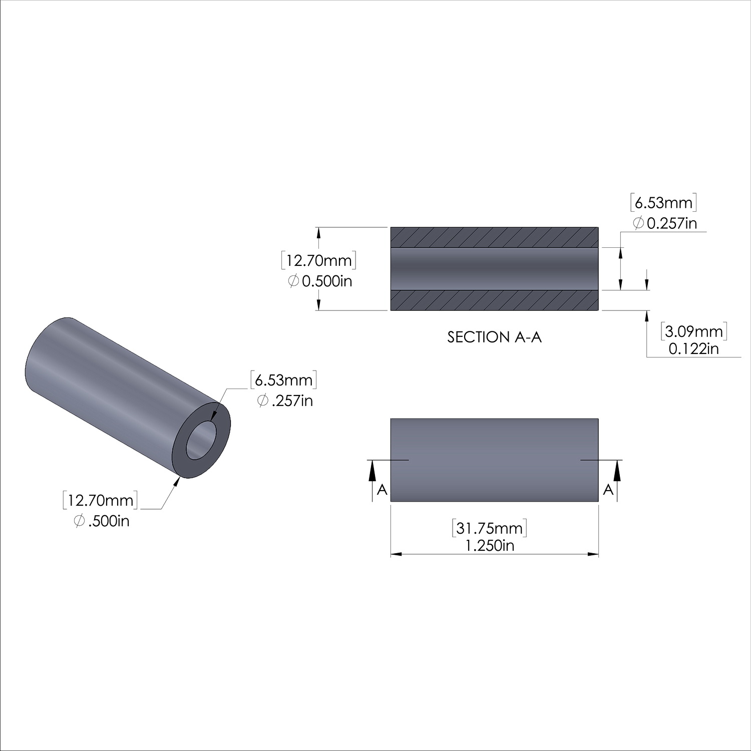 Aluminum Spacer 1/2'' OD x .257'' ID x 1-1/4'' Long - Black Anodized