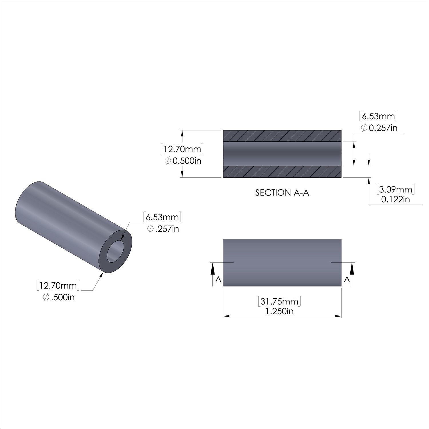 Aluminum Spacer 1/2'' OD x .257'' ID x 1-1/4'' Long