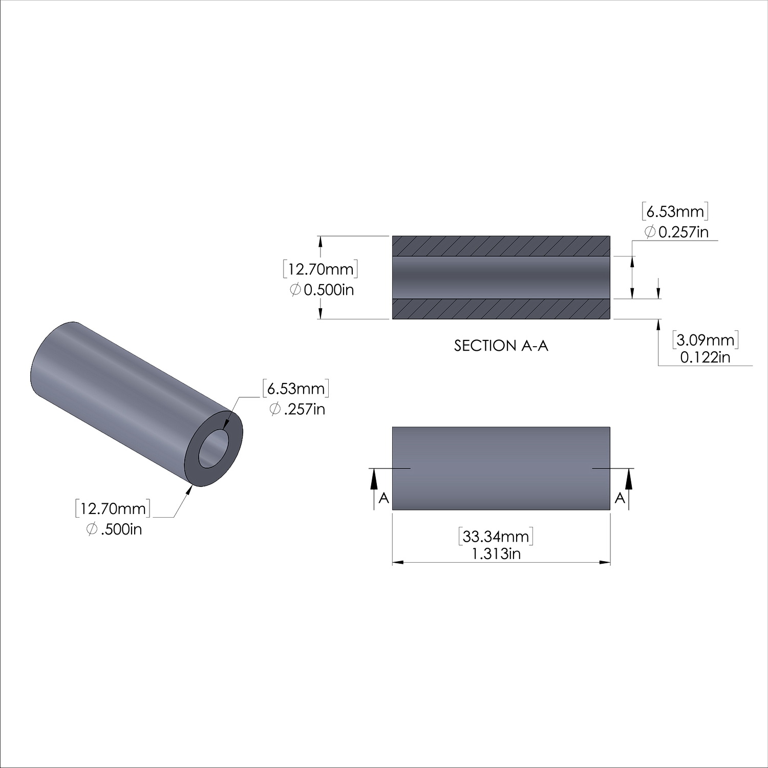 Aluminum Spacer 1/2'' OD x .257'' ID x 1-5/16'' Long