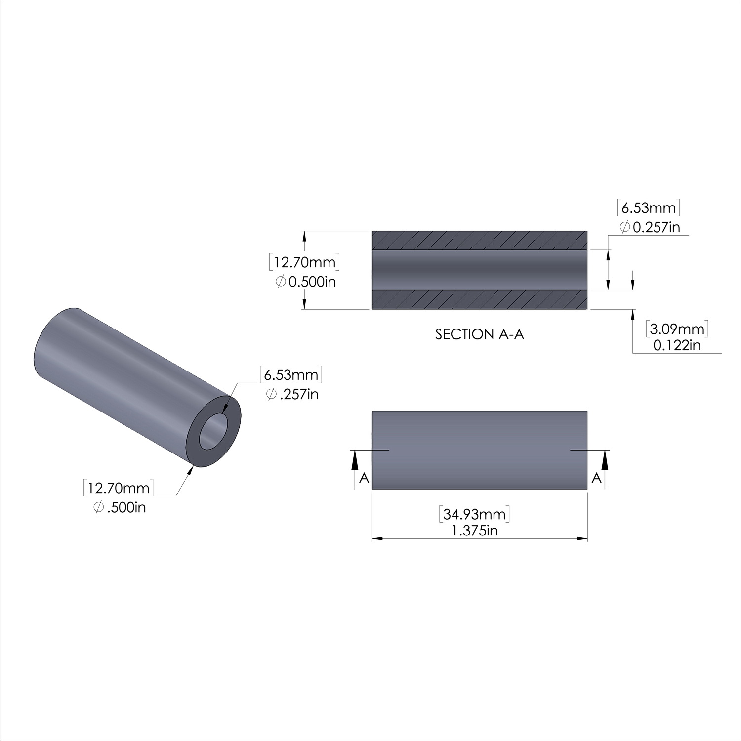 Aluminum Spacer 1/2'' OD x .257'' ID x 1-3/8'' Long - Clear Anodized