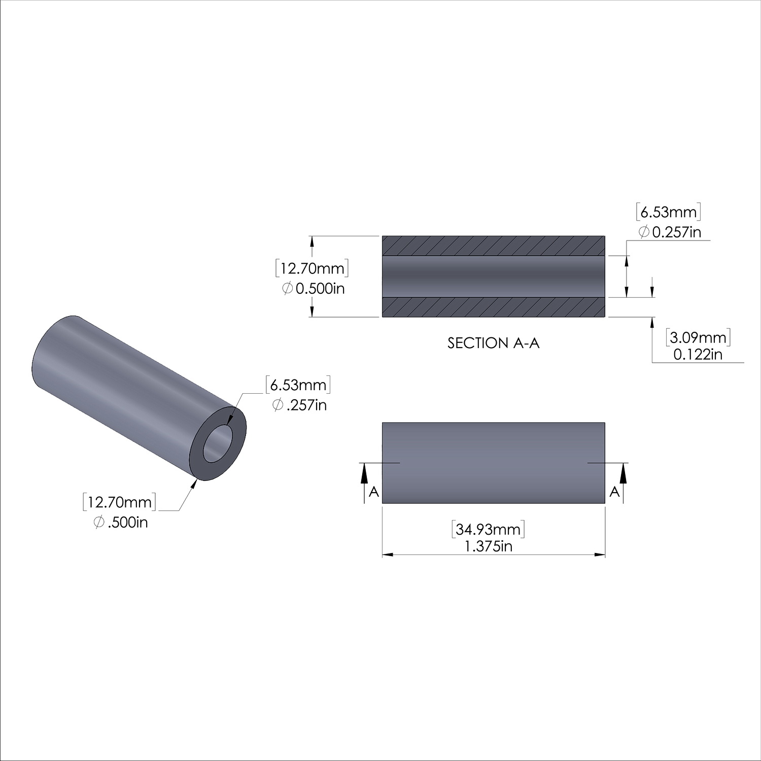Aluminum Spacer 1/2'' OD x .257'' ID x 1-3/8'' Long