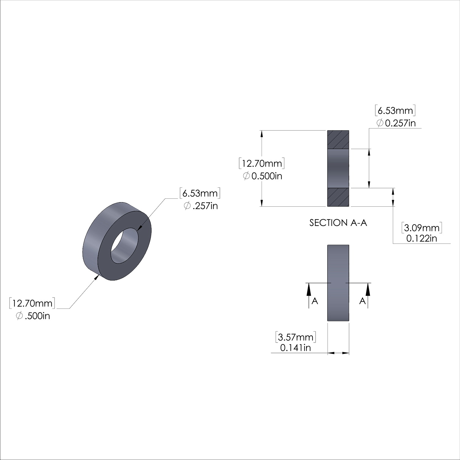 Aluminum Spacer 1/2'' OD x .257'' ID x 9/64'' Long