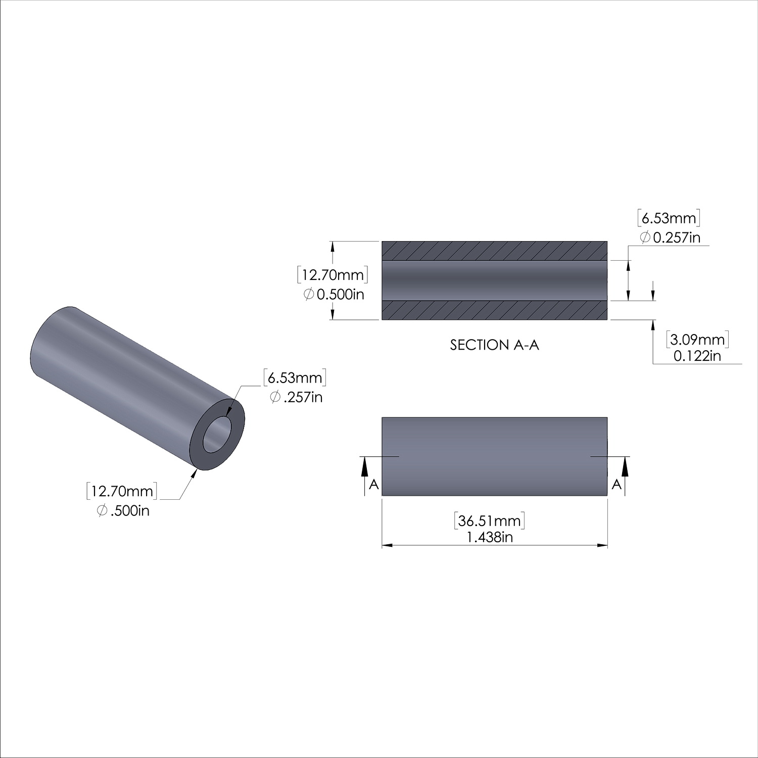 Aluminum Spacer 1/2'' OD x .257'' ID x 1-7/16'' Long