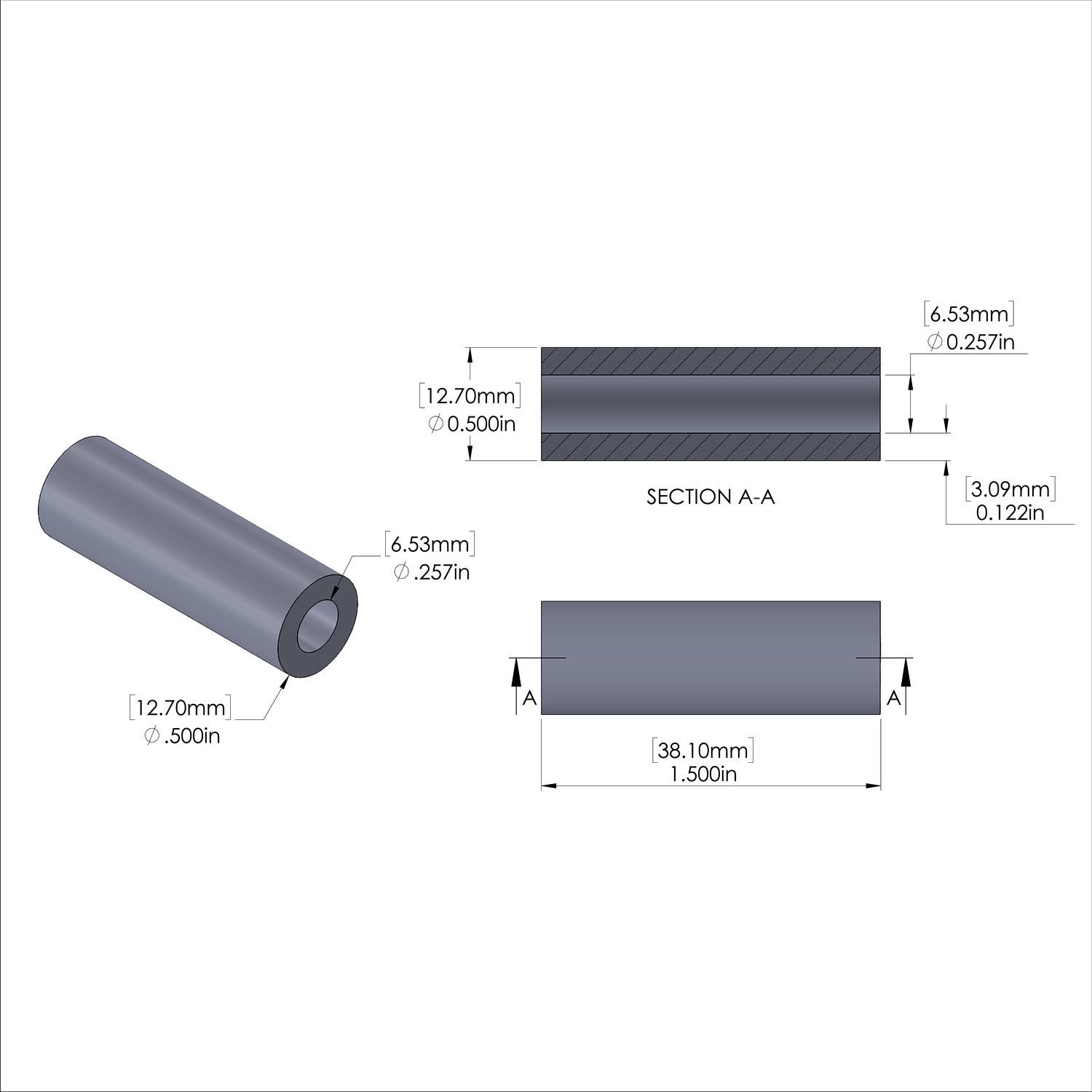 Aluminum Spacer 1/2'' OD x .257'' ID x 1-1/2'' Long - Black Anodized
