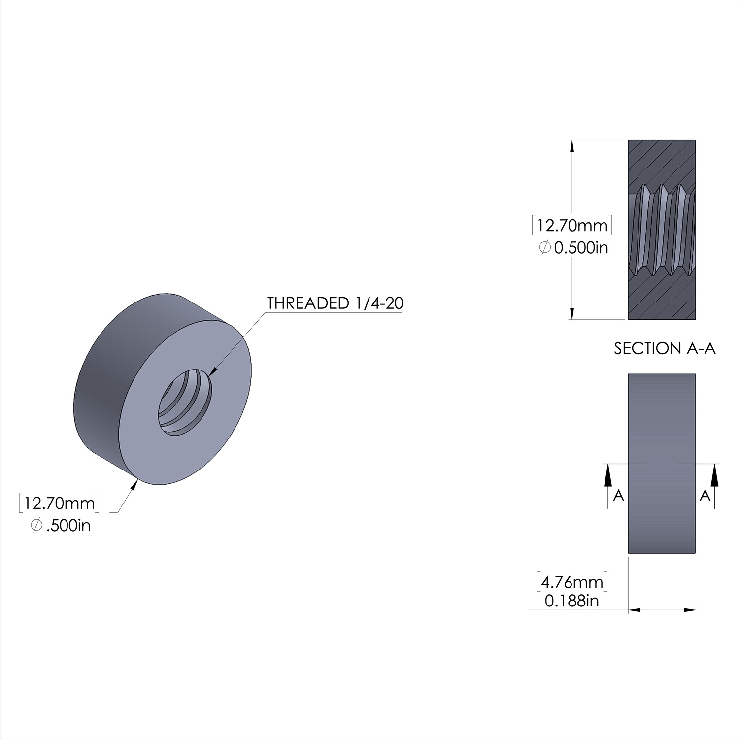 Aluminum Standoff 1/2'' OD x 1/4-20 Thread x 3/16'' Long